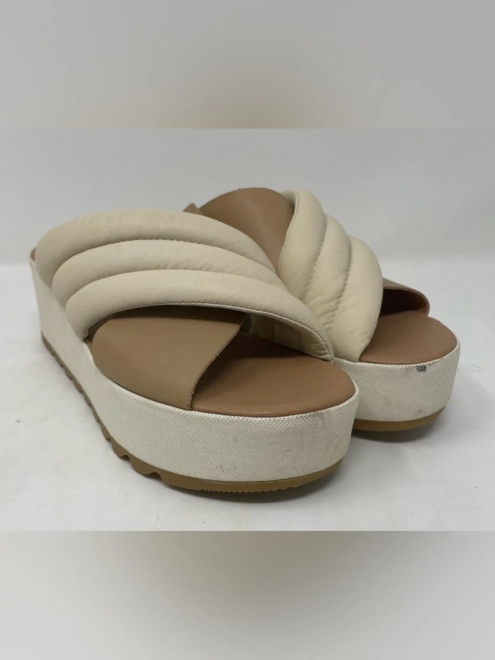 Sorel Cream and Tan Padded Platform Slide Wedge Sandal Size 6.5